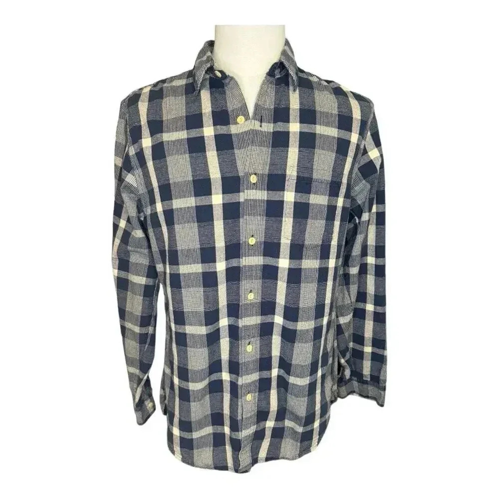 J. Crew Men's Medium Navy Blue & Beige Plaid‎ Long Sleeve Button-Up Shirt EUC